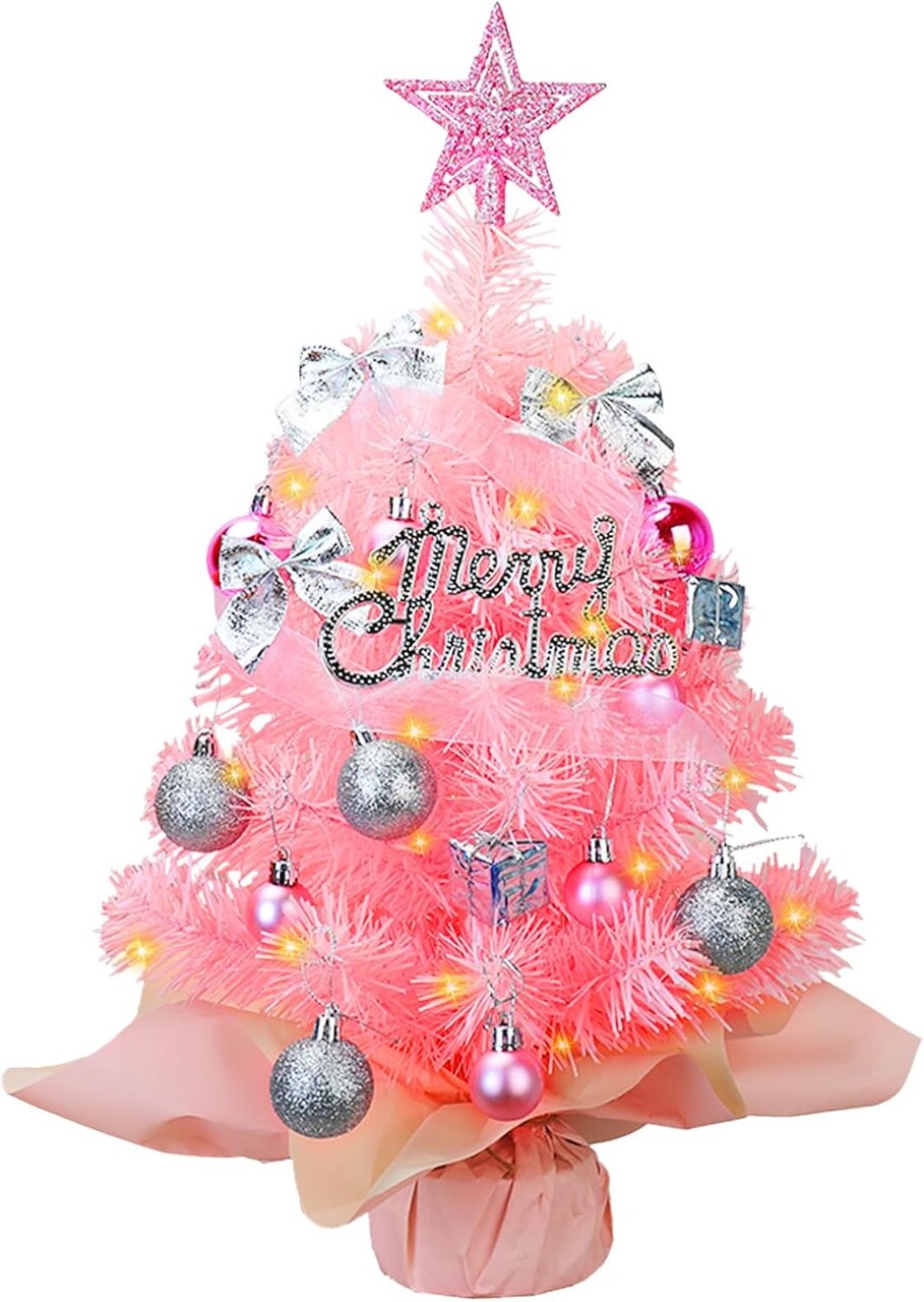 Mini Pink Christmas Tree 24-Inch (2FT) – Pre-Lit Tabletop Tree with 50 LED Lights, Gift Boxes & Ornaments – Small Pink Christmas Decor for Home & Office